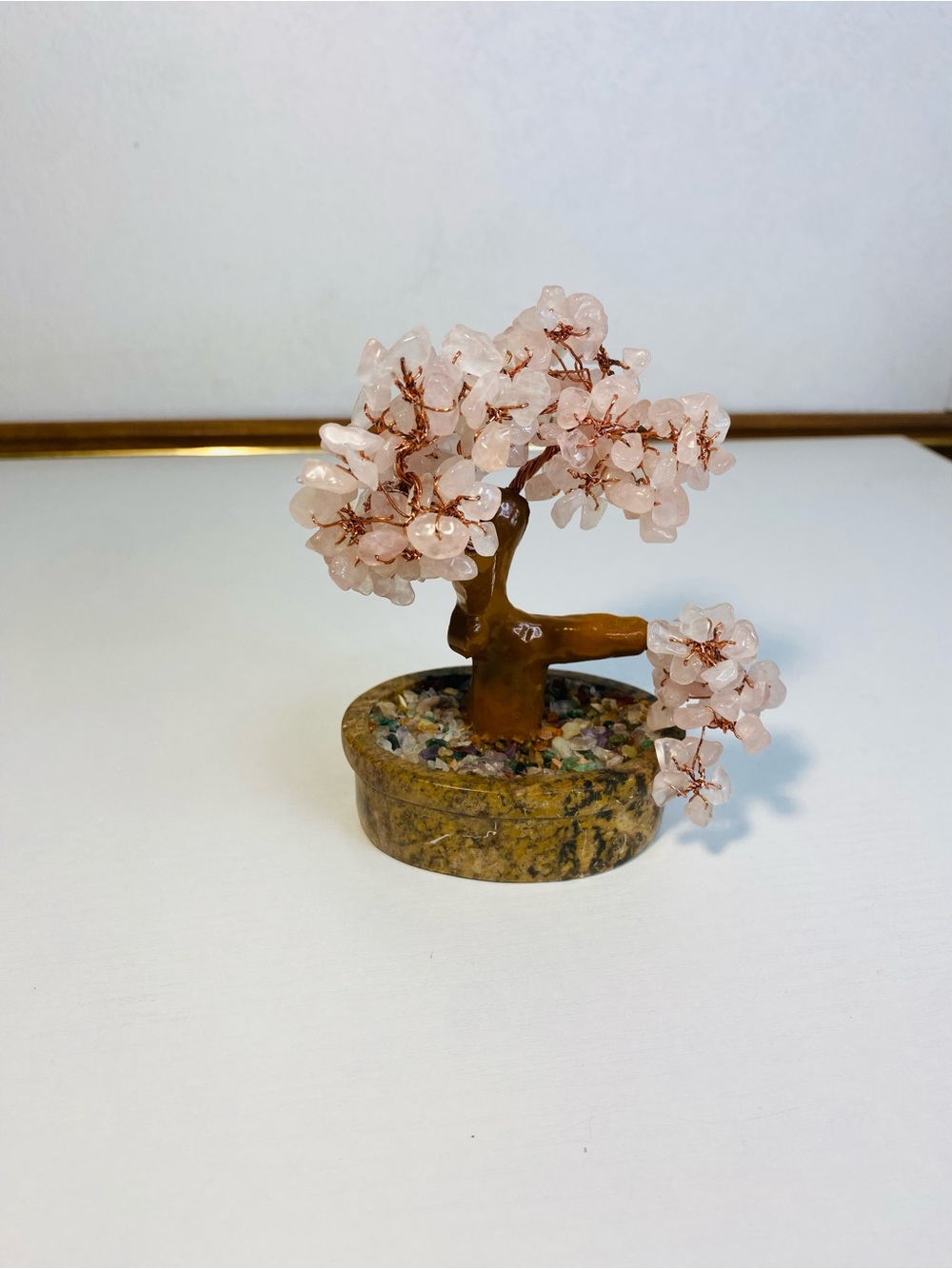 Vintage Pink Quartz Bonsai Tree Stone Rock Good Luck Copper Wire 5 Inch Tall